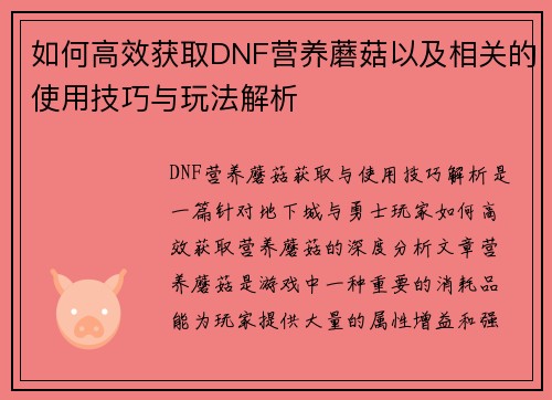 如何高效获取DNF营养蘑菇以及相关的使用技巧与玩法解析